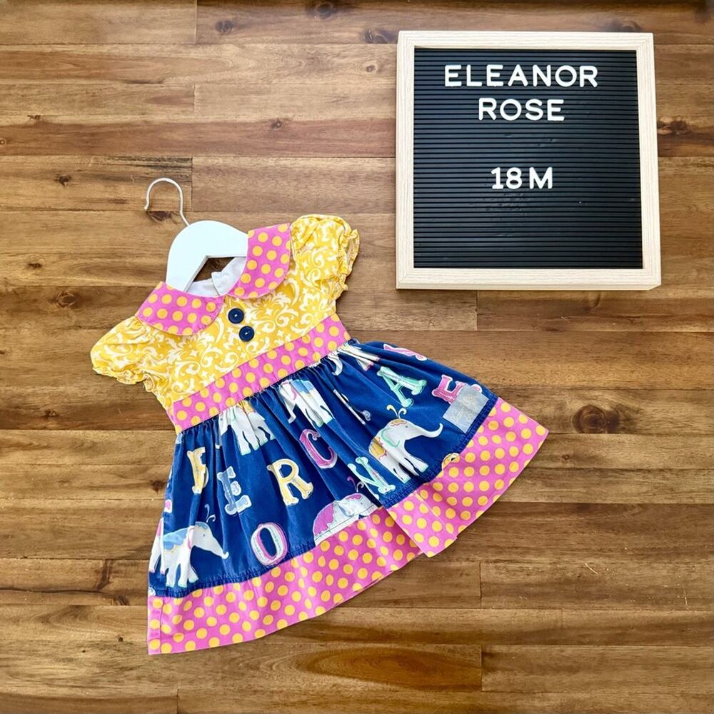 Eleanor Rose E Is For Elephant Rose Dress 18M Yellow Pink Blue Polka Dot